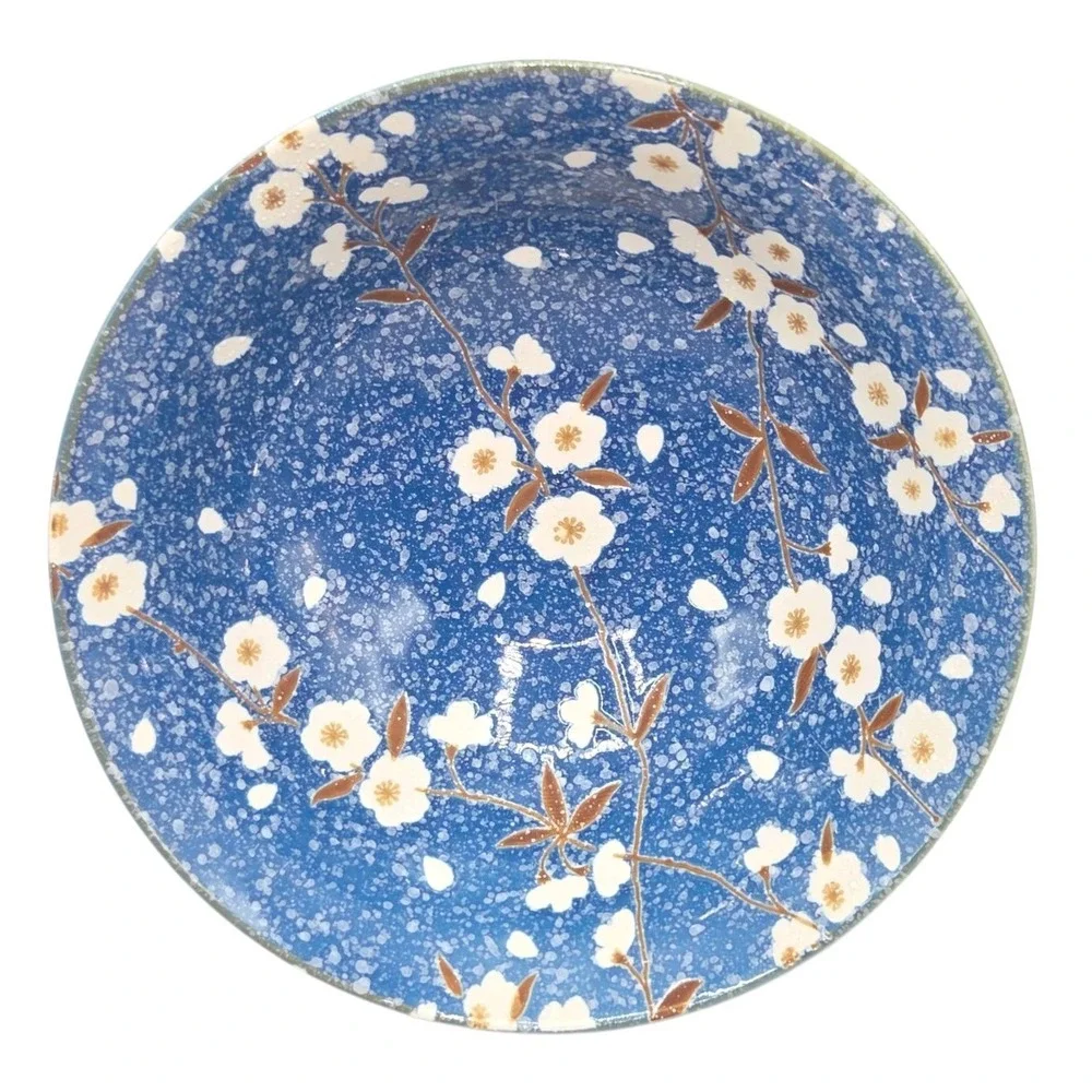 SH Home Sakura Cherry Blossom Ceramic Ramen Noodle Bowl Blue w/ Chopsticks Spoon
